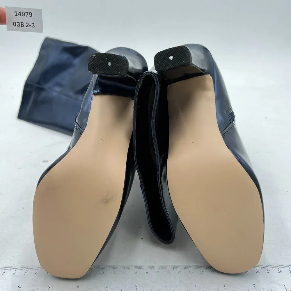 FSJ Dark Blue Knee High Boots Pull On Chunky Mid Heel Side Zipper Shoes - Picture 7 of 8